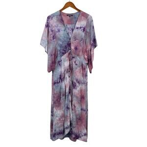 Olivaceous Maxi Dress Purple Blue Tie Dye Button Front Kimono Sleeves Women's S